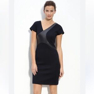 BOSS Sheath Dress Size 4 Black Leather Trim Colorblock Career Cocktail LBD